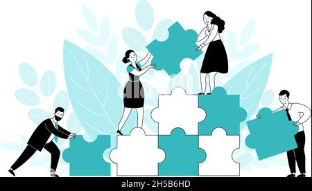 Office people with puzzle. Team cooperate concept, creative work and building business ideas. Flat person, corporate partners decent vector characters Stock Vector