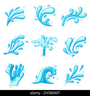 Cartoon water splash. Energy splashes clipart, liquid blue swirl flow. Wavy sea power, isolated wet stream and drops recent vector elements Stock Vector