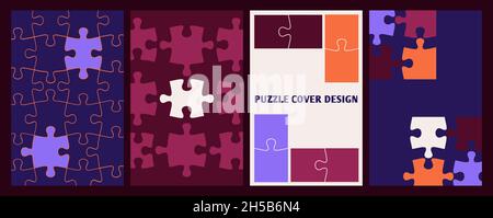 Puzzle covers. Business posters template, pieces puzzles complete. Cooperation or collaboration metaphor, teamwork vector background Stock Vector