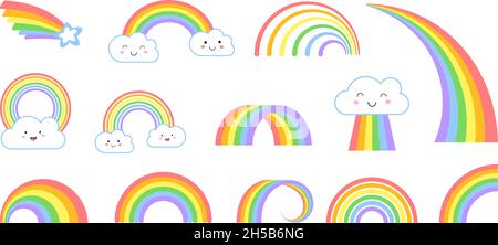 Rainbows. Cartoon flat rainbow icons, funny symbol with kawaii face clouds. Kids weather symbols, isolated colorful arc and tail with star vector set Stock Vector