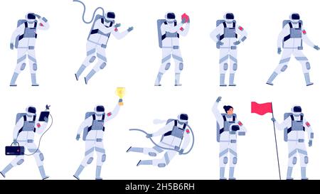 Astronaut characters. Cosmonaut motion work, astronauts with helmet and flag. Space suit, isolated spaceman flying to planets utter vector set Stock Vector