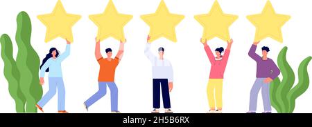 Client feedback review. Goods reviews, customers popular service. People ranking stars, woman man rate. Best quality rank utter vector concept Stock Vector