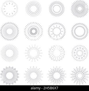 Line vintage sunburst. Circle solar burst, radiant frames design. Graphic rays flare, blasting stars or sparks. Isolated hipster sun utter vector set Stock Vector