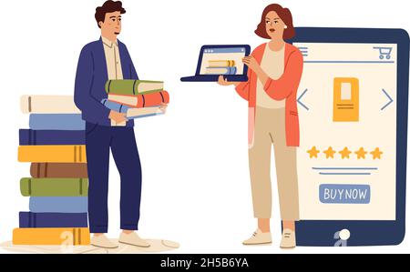 People and books. Man with paper books, woman holding ebook. Online or e-library, real vs online reading vector concept Stock Vector