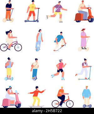 Cartoon people ride. Man on bicycle, urban lifestyle activity. Isolated person riding bike, sport travellers on electric motorbike utter vector Stock Vector