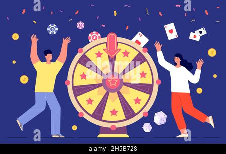 Fortune game winner. Wheels rotation, lucky people spinning roulette wheel. Woman lottery playing, win success gambling utter vector concept Stock Vector