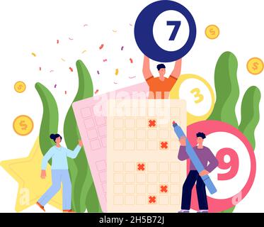 Lottery game concept. Internet casino, bingo gaming entertainment. Online lotto or lucky ball, online gambling players. Winning people utter vector Stock Vector