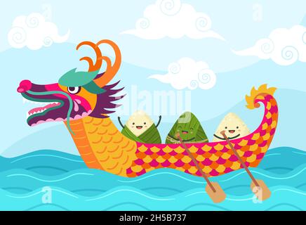 Chinese boat festival. Dragons festivity ship, cartoon asian food symbol. Rice dumplings floating in sea, chinese zongzi exact vector banner Stock Vector