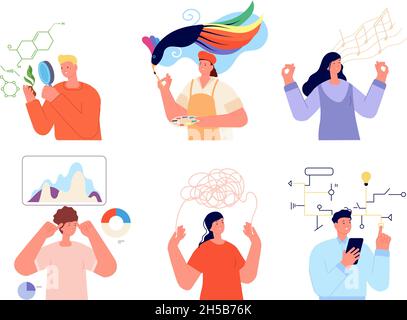 Types of thinking person. Different behavior, human personality emotions. Brain thinking, people solve idea. Creative mind utter vector characters Stock Vector