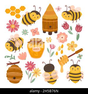 Cute bee and honey. Yellow bees, cartoon flying insects and sweet organic dessert. Honeycombs, flowers and beekeeping exact vector collection Stock Vector
