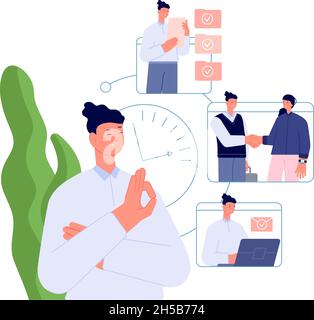 Time management concept. Work male executive, success plan working. Effective tasking, entrepreneur or multitask businessman utter vector scene Stock Vector
