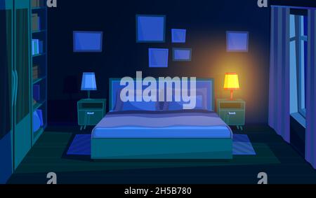 Bedroom at night. Evening bed, room interior with moon light. Dark out window, modern cartoon empty home at sleep time recent vector illustration Stock Vector