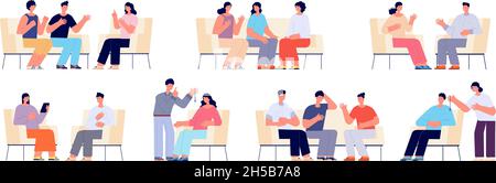 Psychotherapy. Professional therapy, cartoon woman on psychology training. Isolated support group, people with coach and family help utter vector set Stock Vector