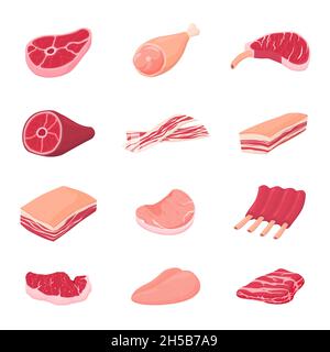 Meat products. Fresh tasty meats, isolated raw beef pork ribs. Chicken fillet, lunch dinner food. Sirloins pieces, butchery market recent vector set Stock Vector