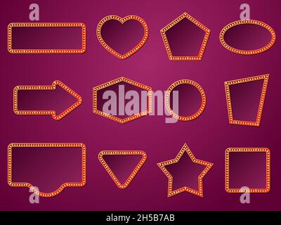 Retro lamps banners. Lights signs, hollywood theater billboard. Cinema signboard, circus show or casino. Vintage night recent vector shining boards Stock Vector