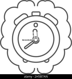 Alarm clock inside a human brain shape. Time management concept. Outline thin line icon. Isolated. Stock Vector
