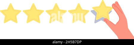 Feedback concept. Good review, supporting client service successful. Hand holding star, golden stars rating. Reputation or quality utter vector Stock Vector