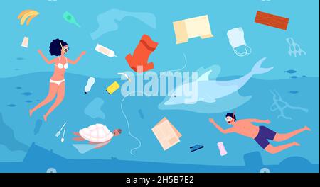 Water ecological problems. Sea pollution, trash or garbage fish turtle and divers in ocean. Plastic bottle ecology polluted utter vector concept Stock Vector