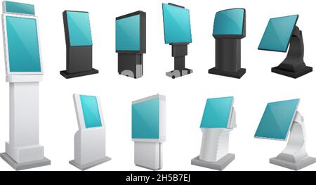 Realistic kiosk screen. Display mockup, touch digital stands. Payments or electronic ad boards. Isolated interactive touchscreen monitor vector set Stock Vector