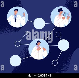 Scientists at work. Flat research act, scientist work instrument. Chemistry technology team working on distance in lab utter vector concept Stock Vector