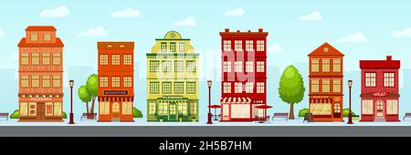 European shopping street. Cartoon city, cute house facade exterior. Shop and cafe, buildings seamless pattern. Town landscape recent vector banner Stock Vector