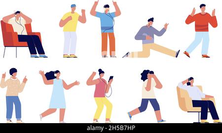 Listen online podcast. Flat sound media, persons in headphones relax with music. Audiobook interview listening, dancing utter vector characters Stock Vector