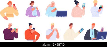 People with payments. Gift cards, person pays plastic card or smartphone. Mobile pay, customer holding bill or check utter vector characters Stock Vector
