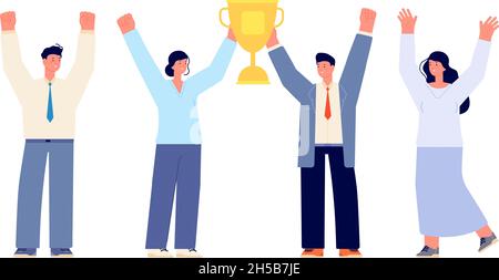 Office team winner. Young business winners, happy woman hold trophy. Person hands up, isolated businessmen group cartoon utter vector characters Stock Vector
