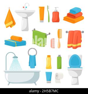 Bathroom accessories. Spa hygiene product, sink towel bath. Body care elements, cartoon soap toothbrush shampoo and deodorant recent vector set Stock Vector
