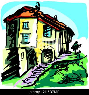 Yellow house on the street of the old city. Color sketch. Stock Vector