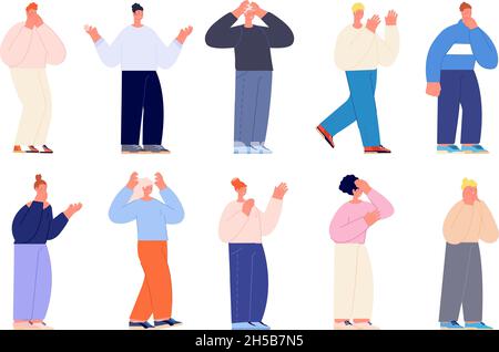 Surprised people. Young expression reactions, happy surprise emotion. Isolated amazed excited or shocked adult teenager utter vector set Stock Vector