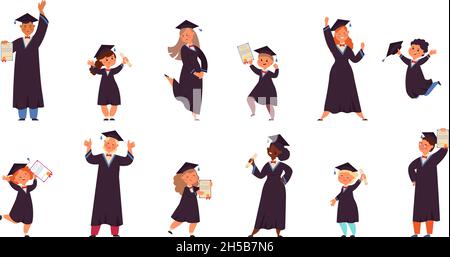 Children graduates. School graduation, cheerful kids holding diploma. Kindergarten or preschool boy girl, diverse students decent vector characters Stock Vector