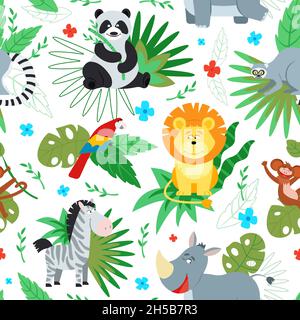 Cartoon jungle animal print. Animals pattern, safari background. Cute wild lion monkey panda parrot. Tropical childish decent vector texture Stock Vector