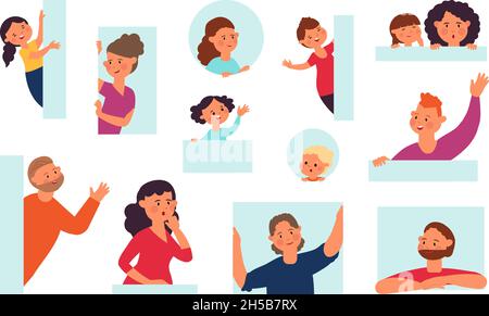 Cartoon people peeping. Isolated curious teen, men peep from window. Smile, confused or surprised persons faces look around decent vector set Stock Vector