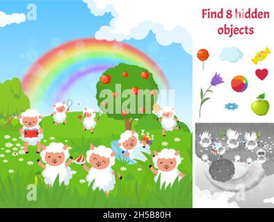 Find hidden objects. Kids puzzle game with sheep on meadow. Fun brain teaser looking different items on green garden landscape. Happy cute sheeps Stock Vector