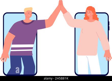 High five online. Greeting gestures, chat friends clapping hands remote. Distance relationship or friendship in messenger utter vector concept Stock Vector