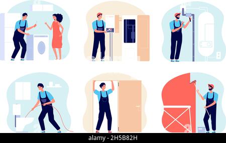 Home masters work. Professional master, repairman with equipment. Engineers or carpenter, person with repair tools. Men builds utter vector concept Stock Vector