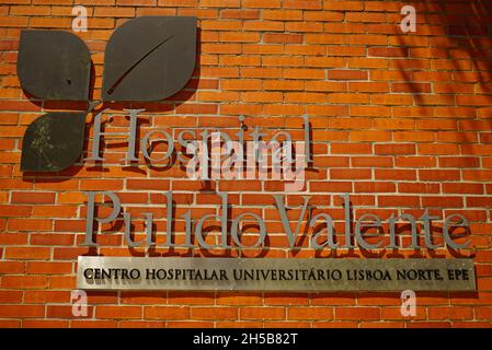 LISBON, PORTUGAL - Jul 13, 2021: The Hospital Pulido Valente lettering on the wall in Lisbon, Portugal Stock Photo