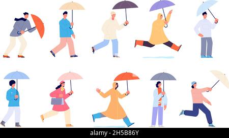 People with umbrella. Autumn rain umbrellas, woman walking rainy day. Person in yellow raincoat, isolated cartoon adults on street utter vector set Stock Vector