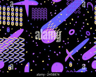 Hand-drawn 80s style geometric seamless pattern. Memphis style elements. Colorful abstract background for printing, wrapping paper and promotional ite Stock Vector