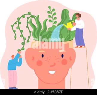 Mental health concept. Mind therapy, flowers in human head. People care about plants, positive thoughts and happiness utter vector metaphor Stock Vector