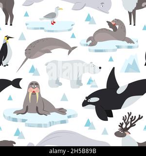 Arctic animals pattern. Children animal antarctic print, north polar wildlife background. Nordic ocean whale, seal on ice decent vector seamless Stock Vector