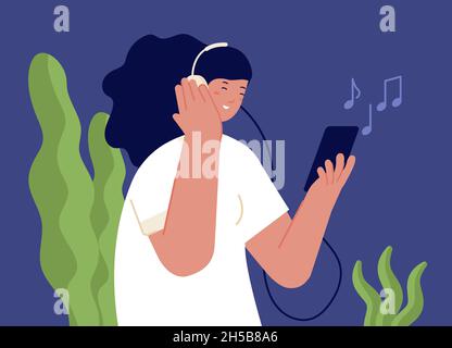 Girl listen music. Person in headphones, cartoon woman listening audiobook or podcast on phone. Teenage with smartphone utter vector character Stock Vector