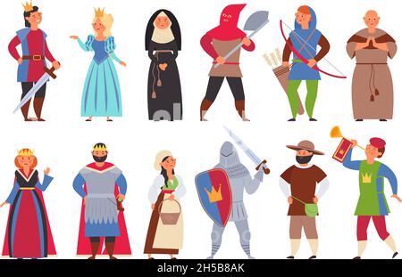 Medieval characters. Flat knight, man king and princess. Cute boy, actors in costumes. Cartoon peasant archer, decent historical vector persons Stock Vector