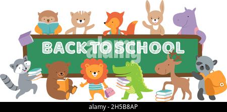 Back to school animal banner. Animals with books and backpacks near chalkboard. Isolated wild and forest vector characters Stock Vector