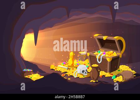 Treasure cave. Fantasy game location, cartoon mine with old gold coins in wooden chest. Ancient magical pirate cache recent vector illustration Stock Vector