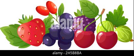 Fresh berries composition. Isolated cartoon berry, red cherries strawberry blackcurrant. Ripe juicy blackberry and gooseberry, colorful seasonal vegan Stock Vector