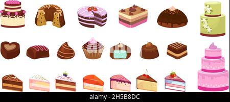 Cartoon sweets. Cake candy chocolate biscuit. Isolated pieces of birthday cakes. Dessert isometric icons, colorful breakfast in cafe or sweet shop Stock Vector