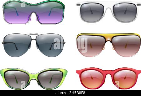 Isolated sunglasses. Colorful sunglass, realistic bright frames. Plastic metal rim, summer face protection fashion accessories vector collection Stock Vector