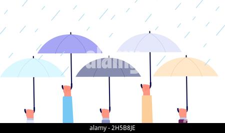 Hands with umbrellas. Rain storm, flood in city. Business safety or insurance metaphor. Life protection, autumn rainy weather utter vector banner Stock Vector